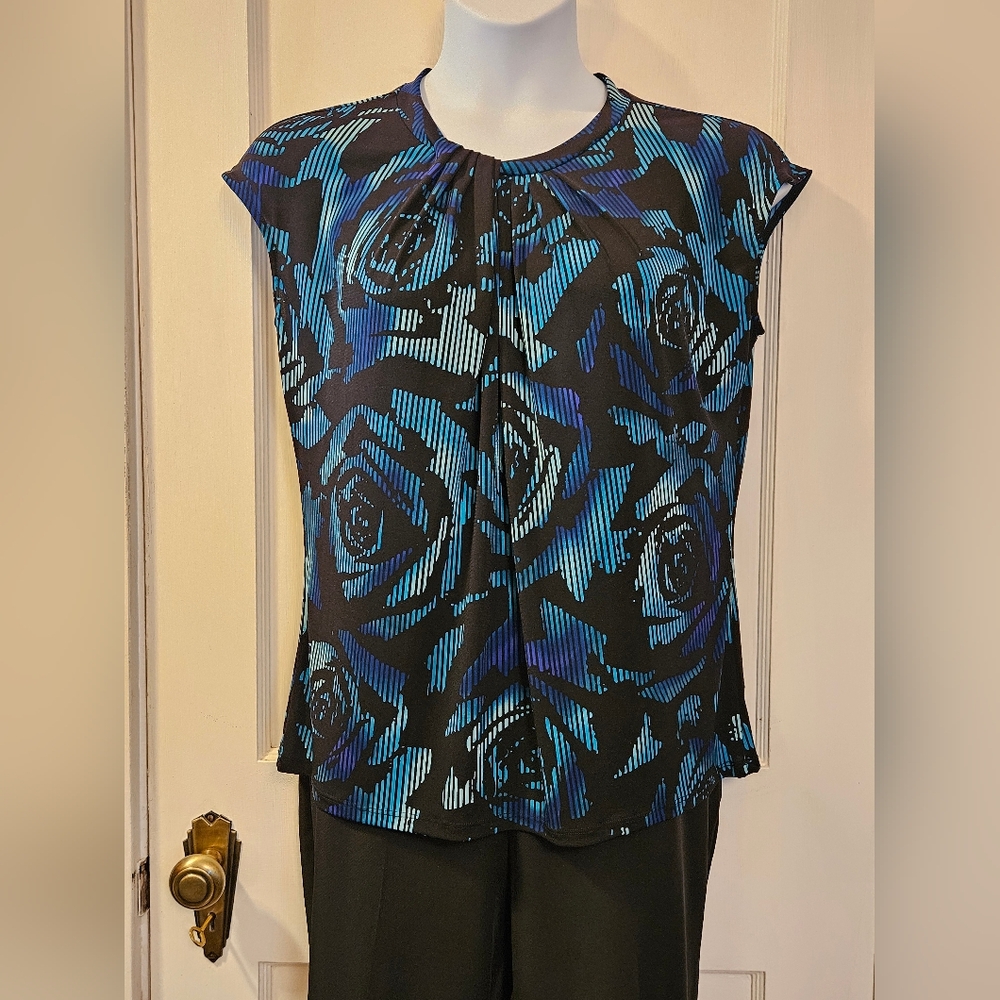 Worthington Floral Blue and Black Women's Top Size Large
